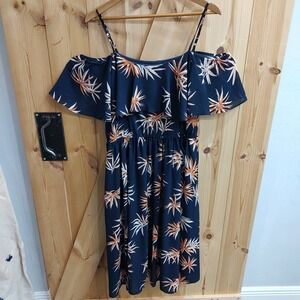 Noctflos‎ Womens Tropical Chiffon High Waist Midi Dress Sz XXL Cold Shoulder